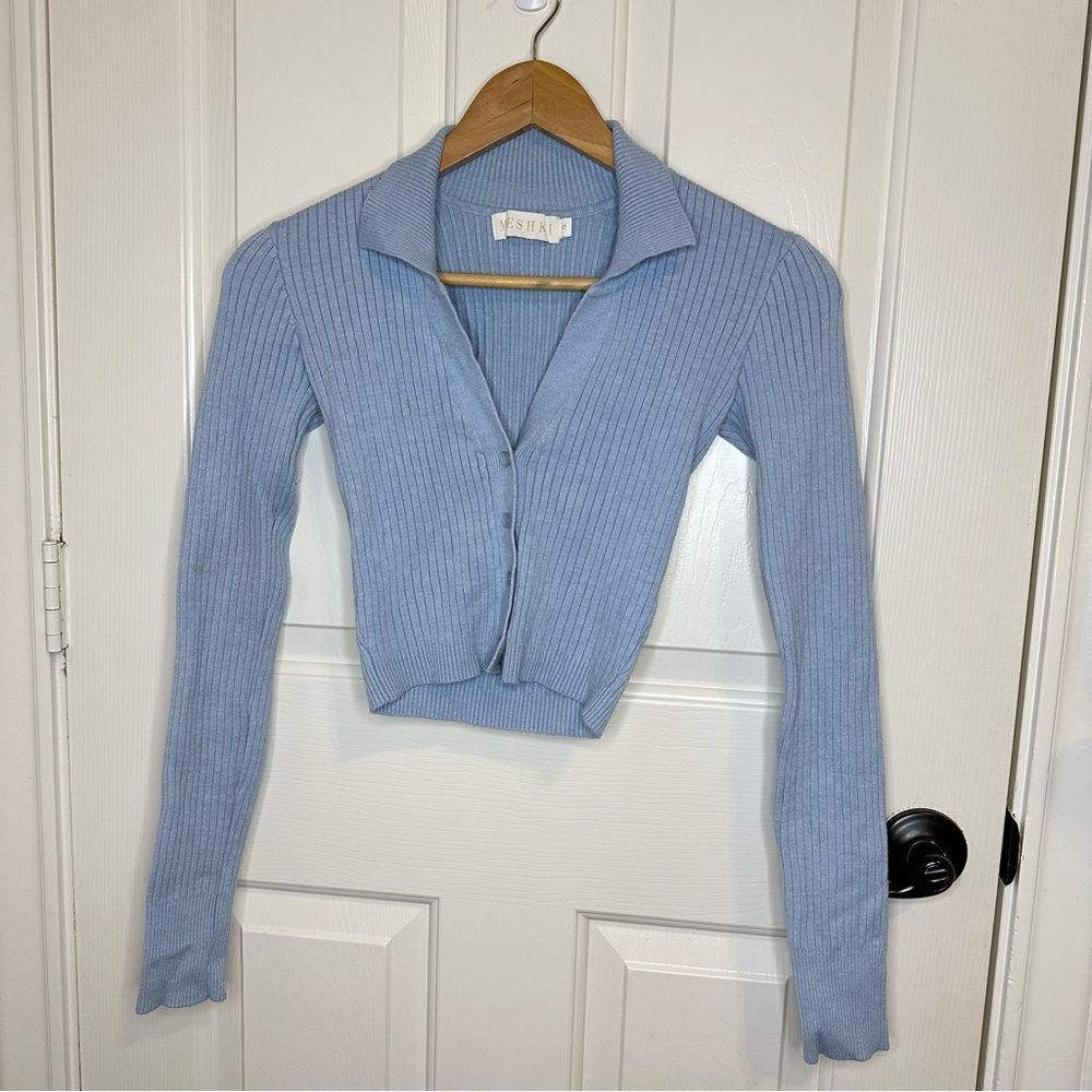Meshki Periwinkle Blue Ribbed Button Down Long Sleeve Crop Top Sz S Coquette